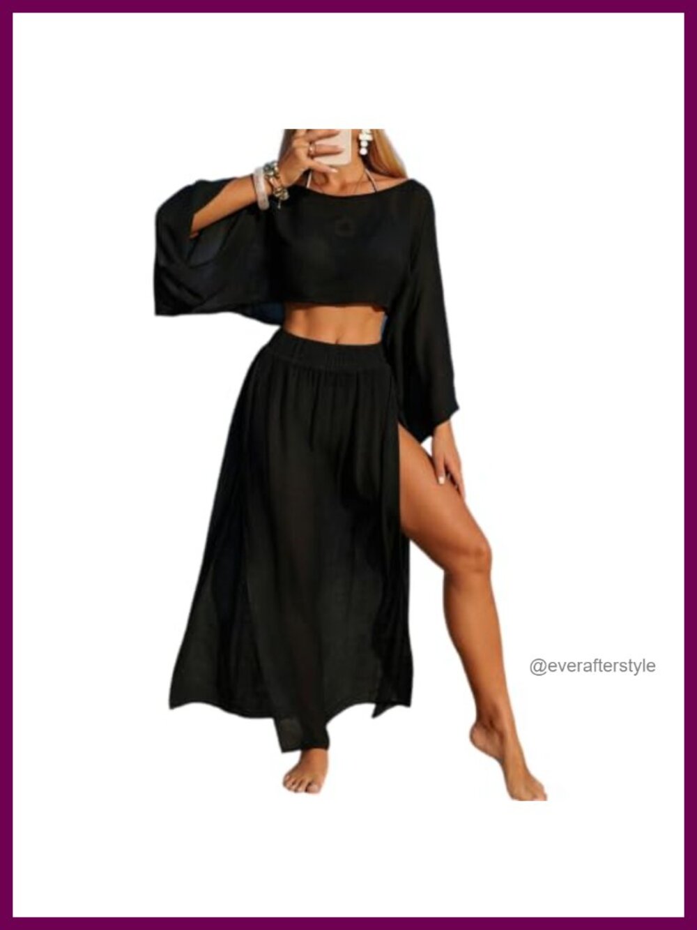 Sheer Two Piece Maxi Skirt Set Off Shoulder Top Batwing Sleeve